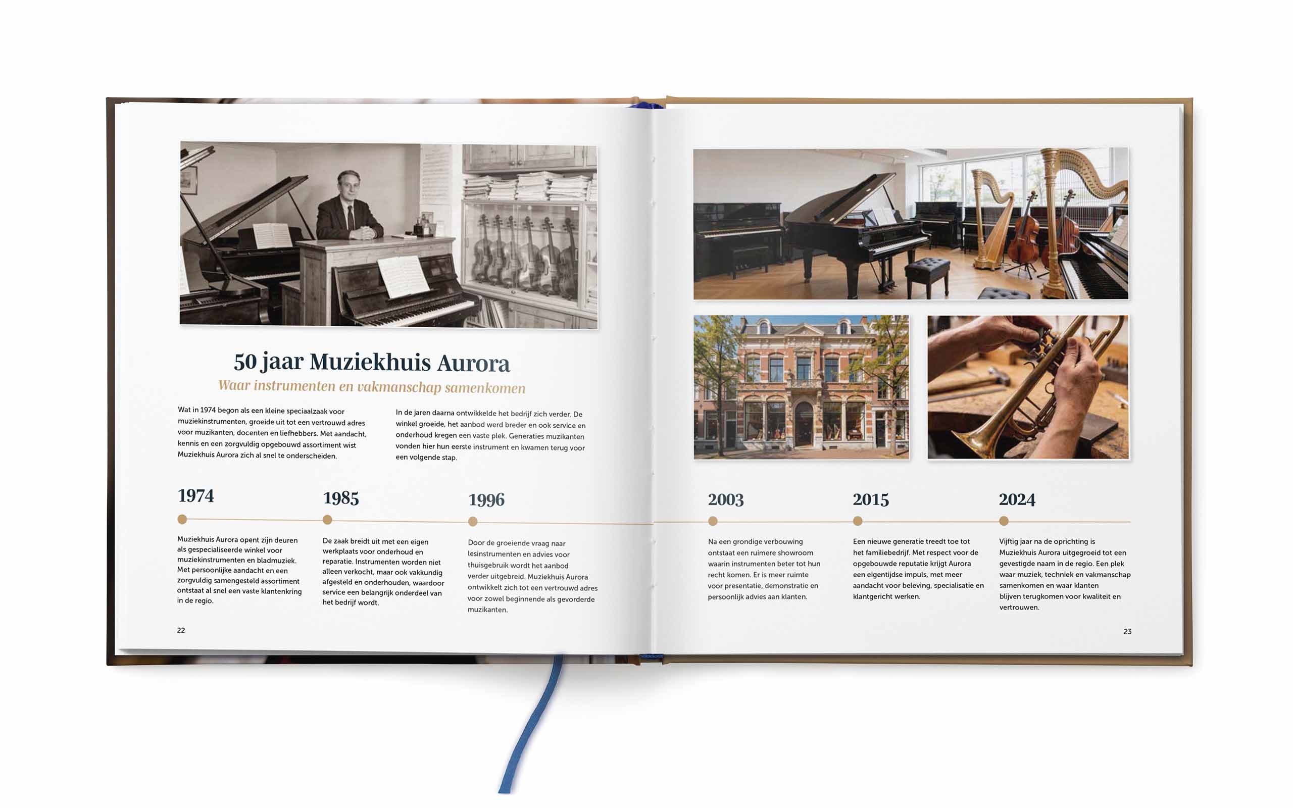 Binnenwerk van een jubileumboek met tijdlijn