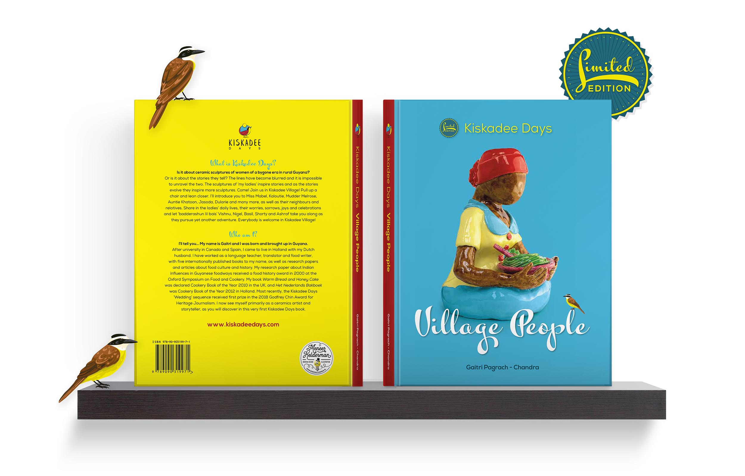 Voorbeeld van een vormgegeven Erfgoed boek (Kiskade Days) op een plank